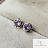 Natural Amethyst Stud Earring, Boho Stud, 925 Sterling Silver Jewelry, Handmade Jewelry, Round Amethyst Vintage Look Stud Earring, Gift Idea